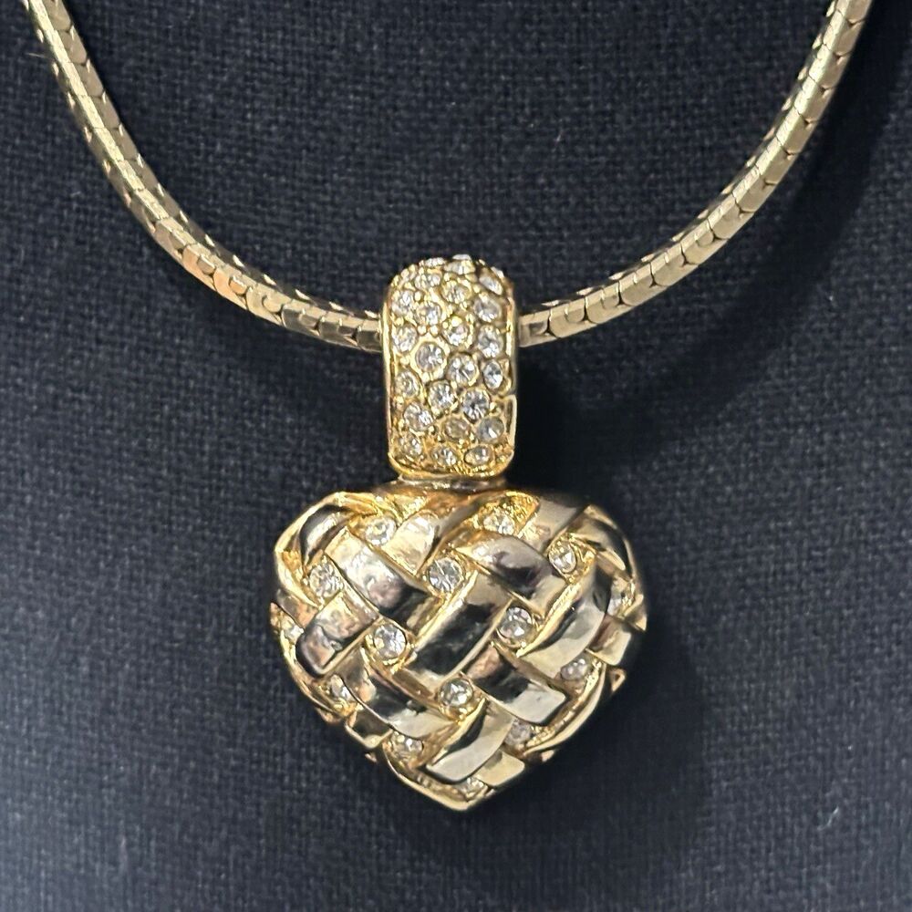 Vintage Puffy Heart Pendant Necklace Gold Tone Rhinestone Square Snake Chain 24"